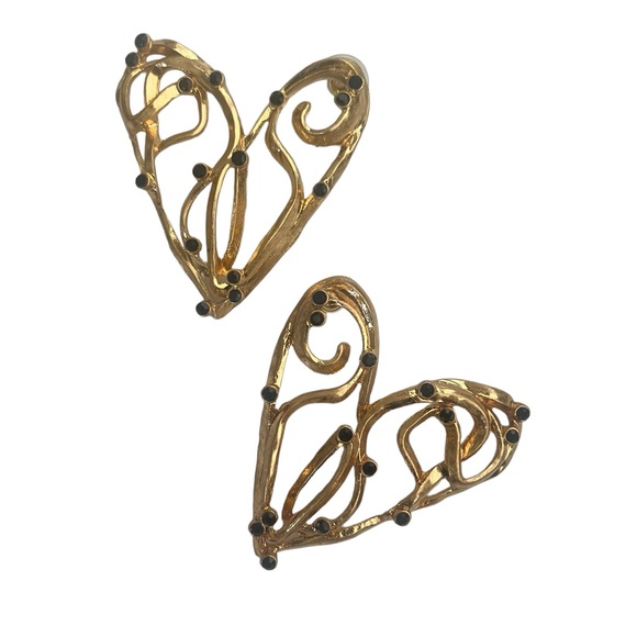 ABSTRACT HEARTS WITH OPEN WORK GILDED METAL & BLACK GLASS CRYSTAL RHINESTONE - Picture 1 of 2